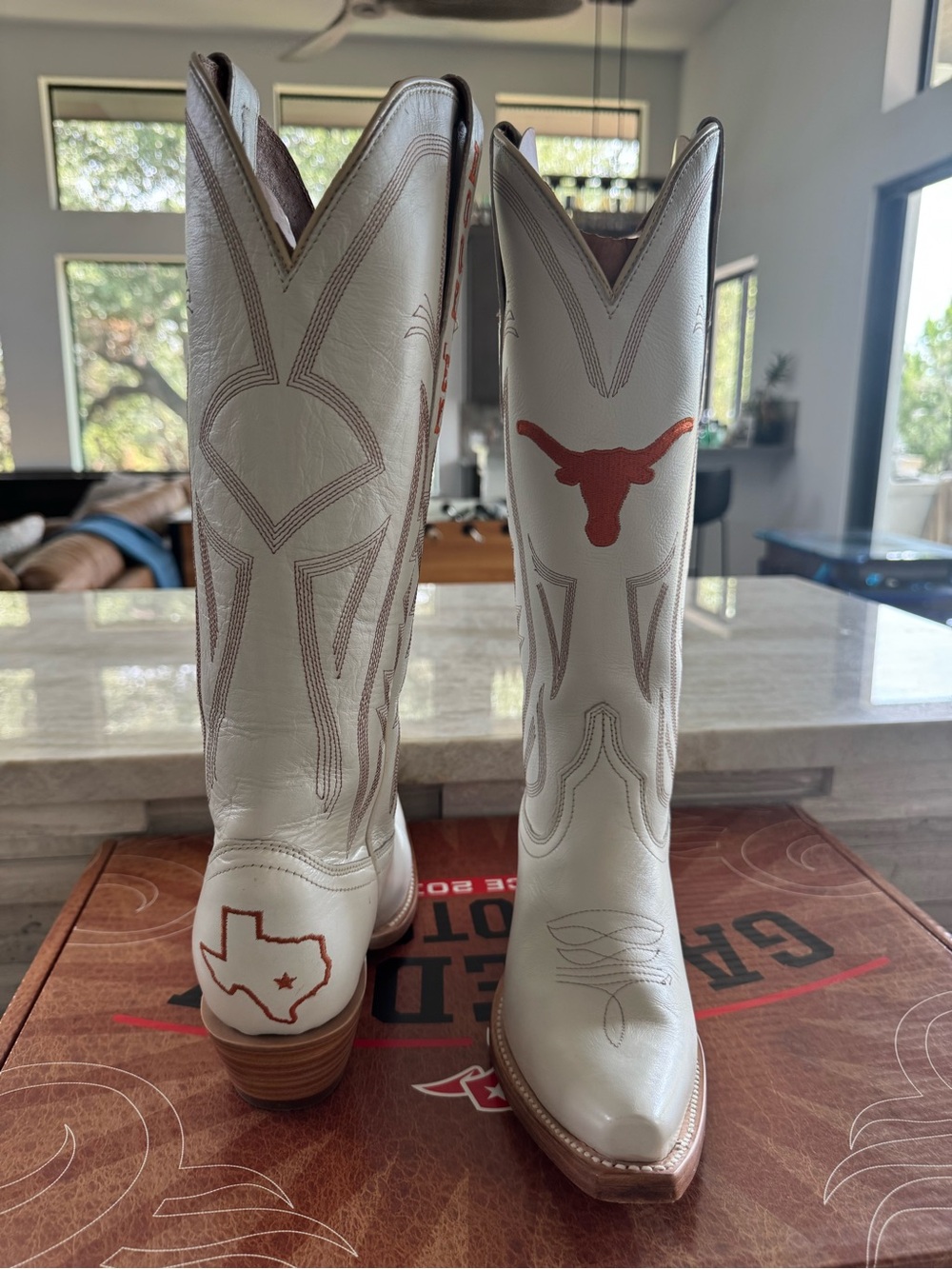 Gameday White Western Cowboy Boots with Burnt Orange Longhorn Detail